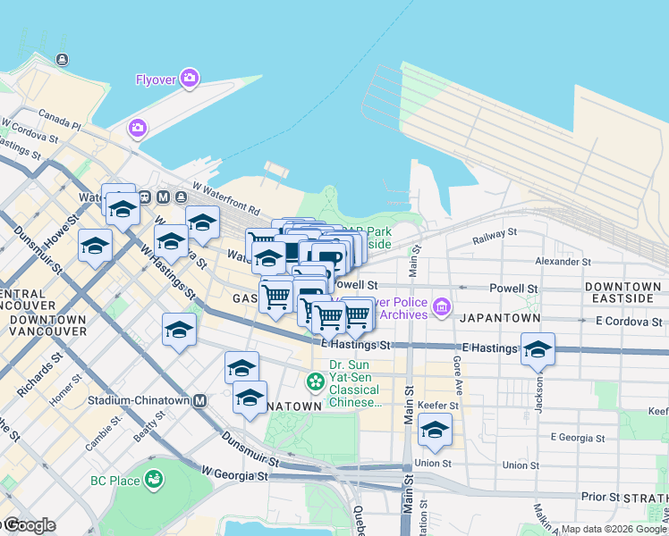 map of restaurants, bars, coffee shops, grocery stores, and more near in Vancouver