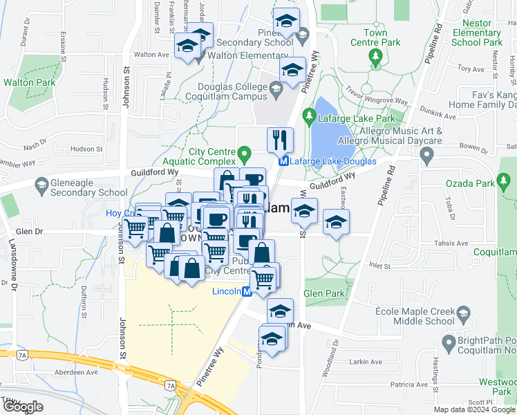 map of restaurants, bars, coffee shops, grocery stores, and more near in Coquitlam
