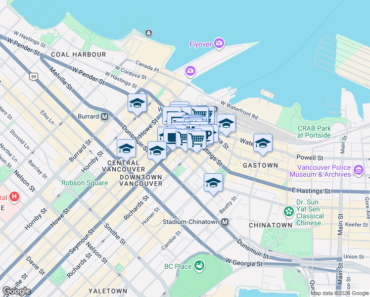 map of restaurants, bars, coffee shops, grocery stores, and more near 539 West Pender Street in Vancouver