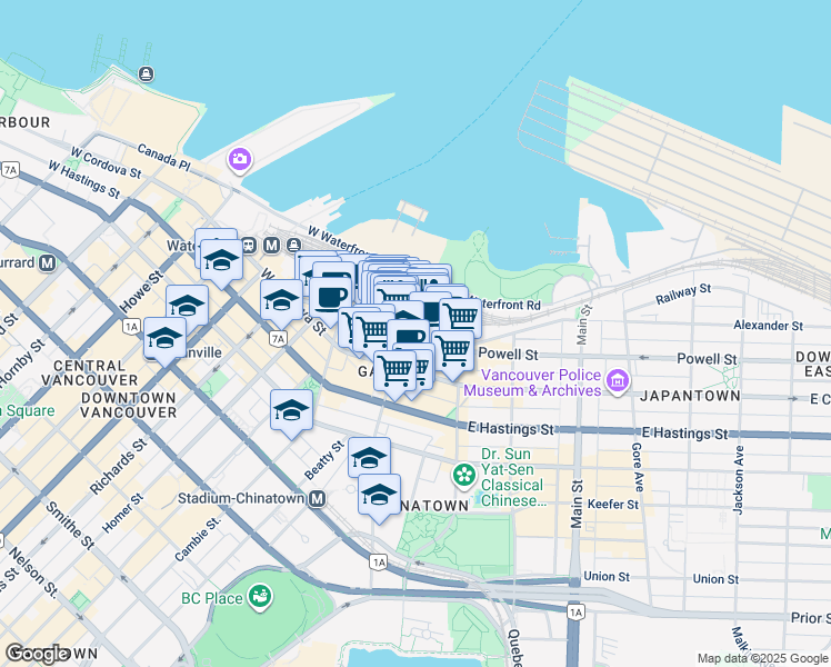 map of restaurants, bars, coffee shops, grocery stores, and more near 50 Water St in Vancouver