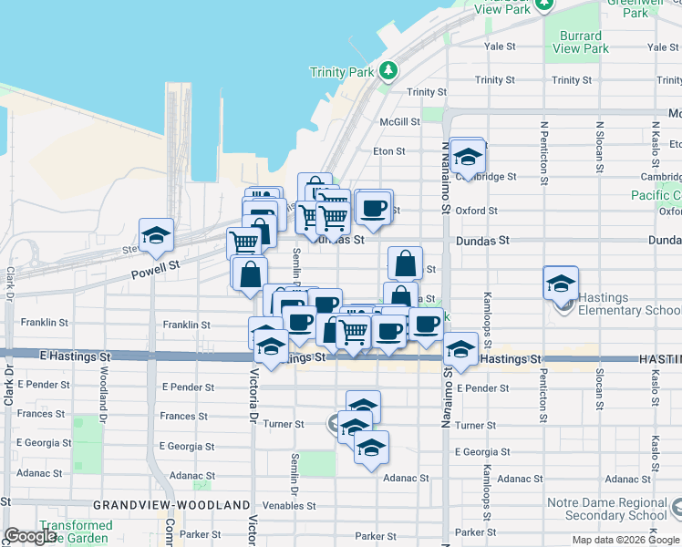 map of restaurants, bars, coffee shops, grocery stores, and more near 122 Lakewood Drive in Vancouver