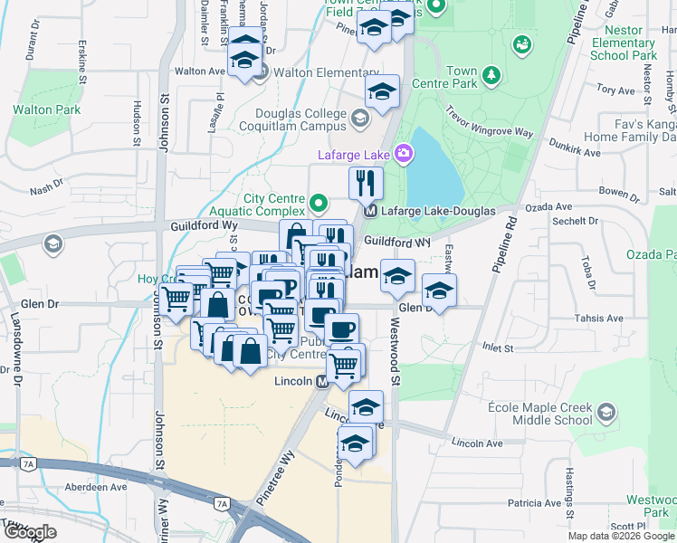 map of restaurants, bars, coffee shops, grocery stores, and more near in Coquitlam