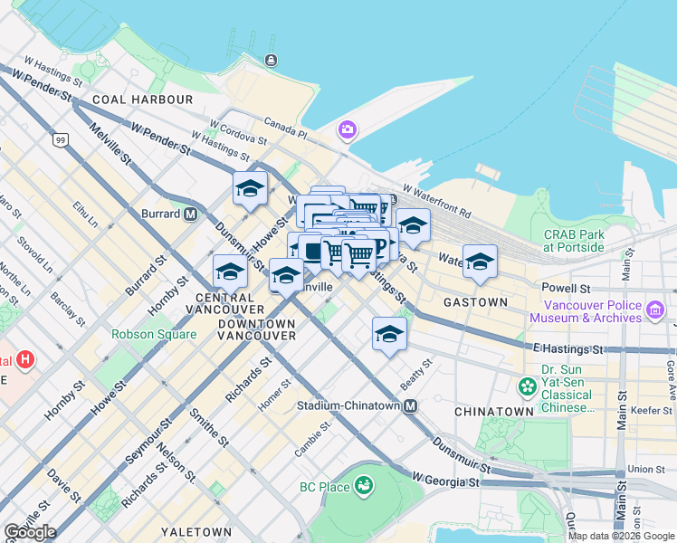 map of restaurants, bars, coffee shops, grocery stores, and more near 539 West Pender Street in Vancouver