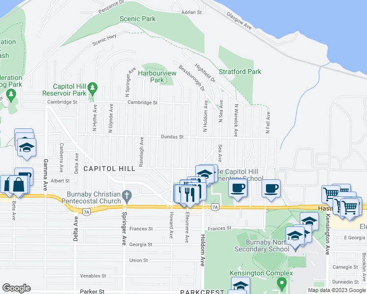 map of restaurants, bars, coffee shops, grocery stores, and more near 23 Ellesmere Avenue in Burnaby