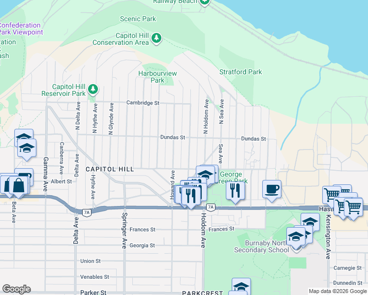 map of restaurants, bars, coffee shops, grocery stores, and more near 23 Ellesmere Avenue in Burnaby
