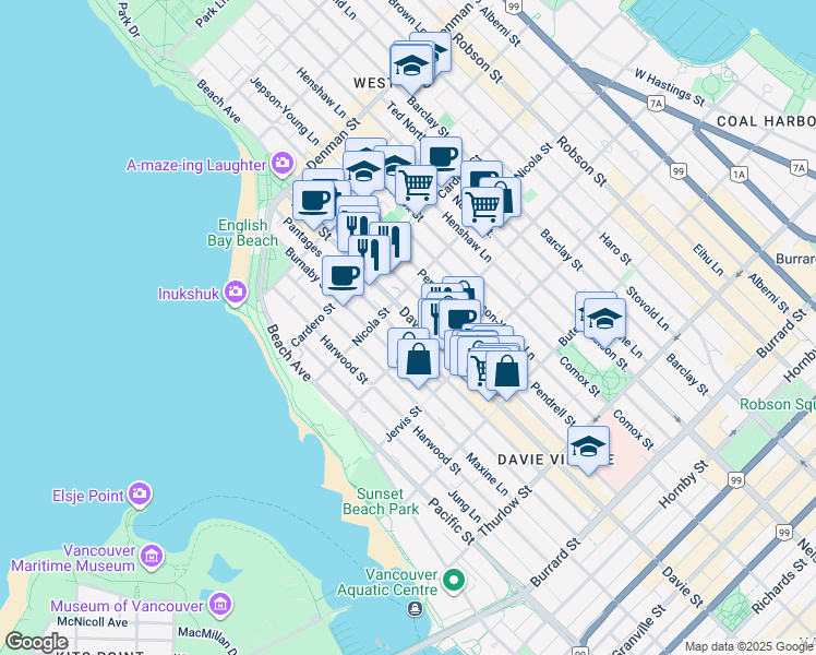 map of restaurants, bars, coffee shops, grocery stores, and more near 1414 Davie Street in Vancouver