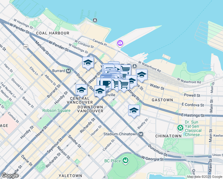map of restaurants, bars, coffee shops, grocery stores, and more near 510 Seymour Street in Vancouver