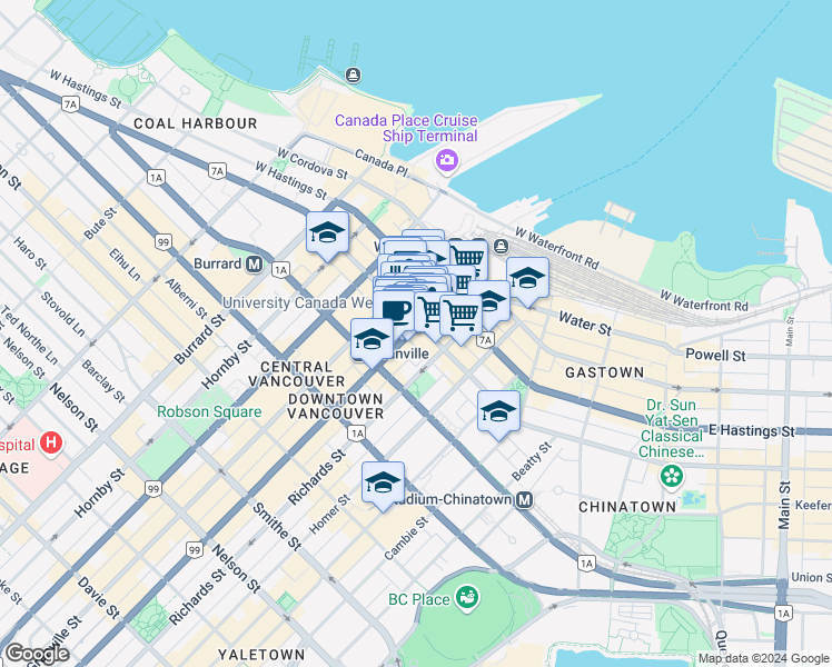 map of restaurants, bars, coffee shops, grocery stores, and more near 508 Seymour Street in Vancouver