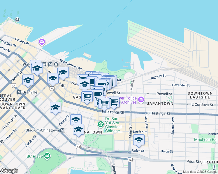map of restaurants, bars, coffee shops, grocery stores, and more near in Vancouver