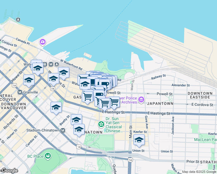 map of restaurants, bars, coffee shops, grocery stores, and more near in Vancouver