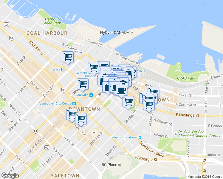 map of restaurants, bars, coffee shops, grocery stores, and more near 509 West Pender Street in Vancouver
