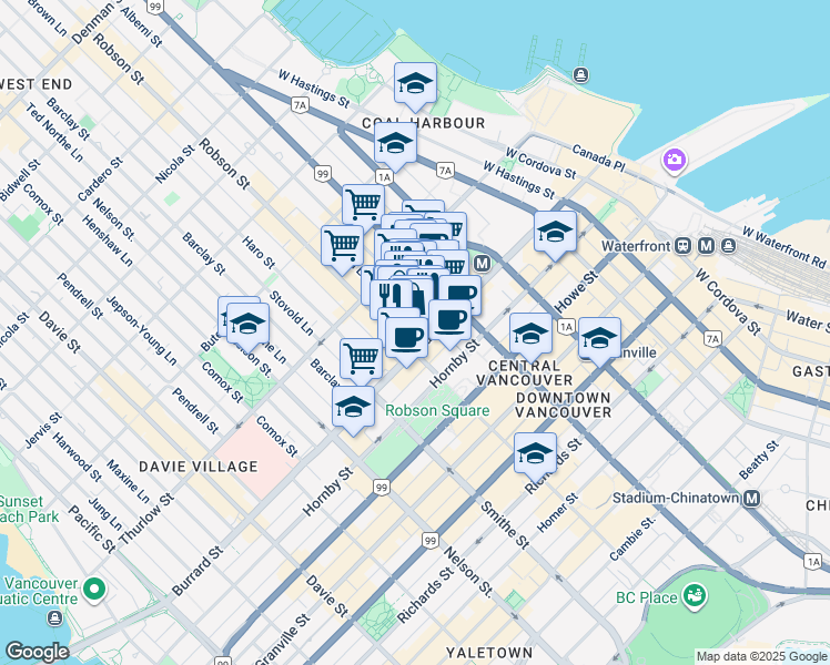 map of restaurants, bars, coffee shops, grocery stores, and more near in Vancouver