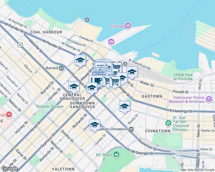 map of restaurants, bars, coffee shops, grocery stores, and more near 549 West Pender Street in Vancouver