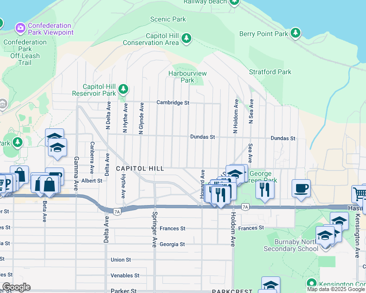 map of restaurants, bars, coffee shops, grocery stores, and more near 27 Grosvenor Avenue in Burnaby