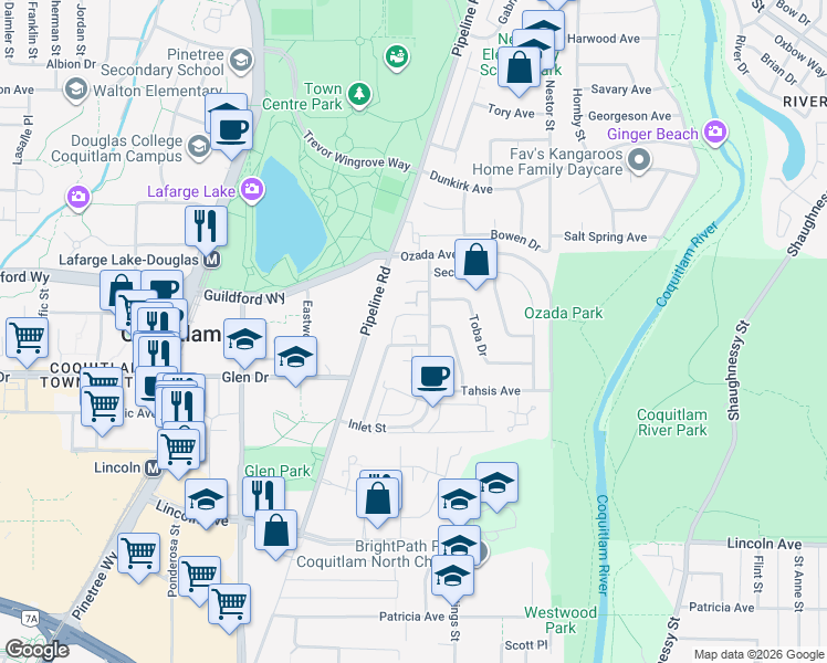 map of restaurants, bars, coffee shops, grocery stores, and more near 1174 Inlet Street in Coquitlam