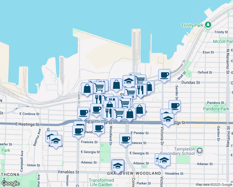 map of restaurants, bars, coffee shops, grocery stores, and more near in Vancouver