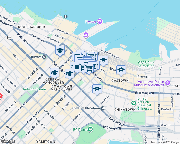 map of restaurants, bars, coffee shops, grocery stores, and more near 418 Richards Street in Vancouver