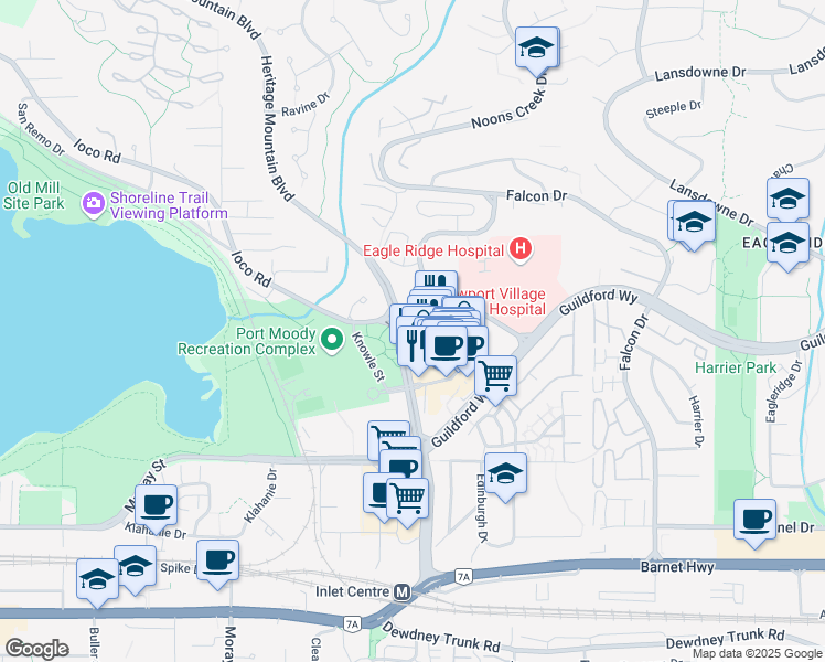 map of restaurants, bars, coffee shops, grocery stores, and more near 221 Ioco Road in Port Moody