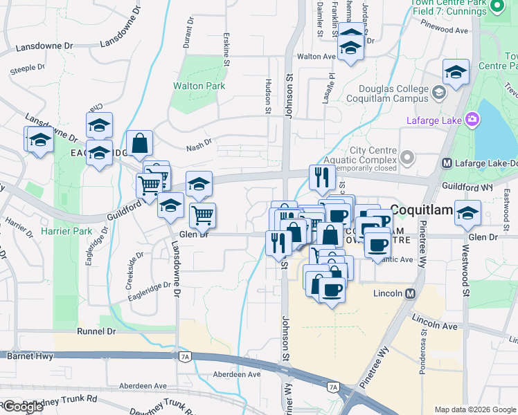 map of restaurants, bars, coffee shops, grocery stores, and more near 2865 Glen Drive in Coquitlam