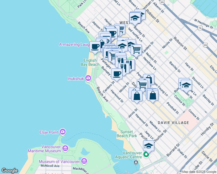 map of restaurants, bars, coffee shops, grocery stores, and more near 505 Cardero Street in Vancouver
