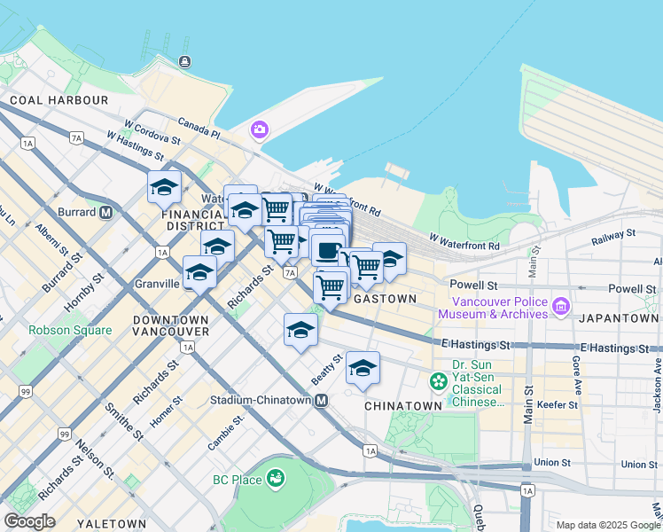 map of restaurants, bars, coffee shops, grocery stores, and more near 415 West Cordova Street in Vancouver