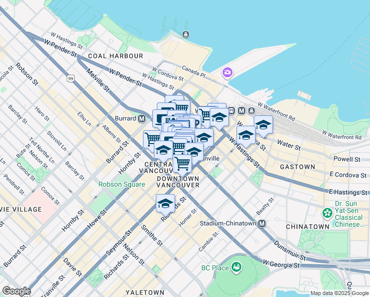map of restaurants, bars, coffee shops, grocery stores, and more near 737 Dunsmuir Street in Vancouver