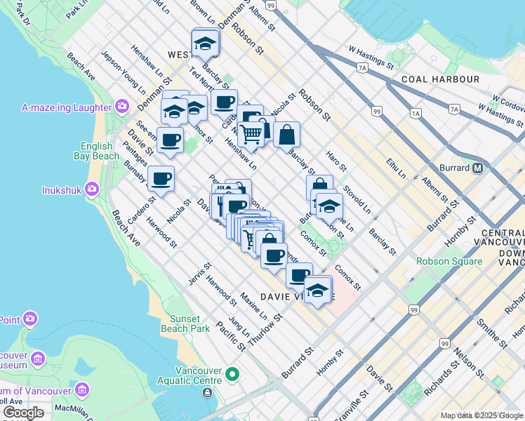 map of restaurants, bars, coffee shops, grocery stores, and more near 1101 Jervis Street in Vancouver