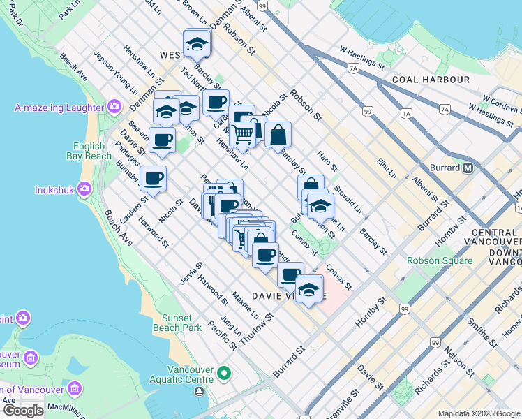 map of restaurants, bars, coffee shops, grocery stores, and more near 1090 Jervis Street in Vancouver