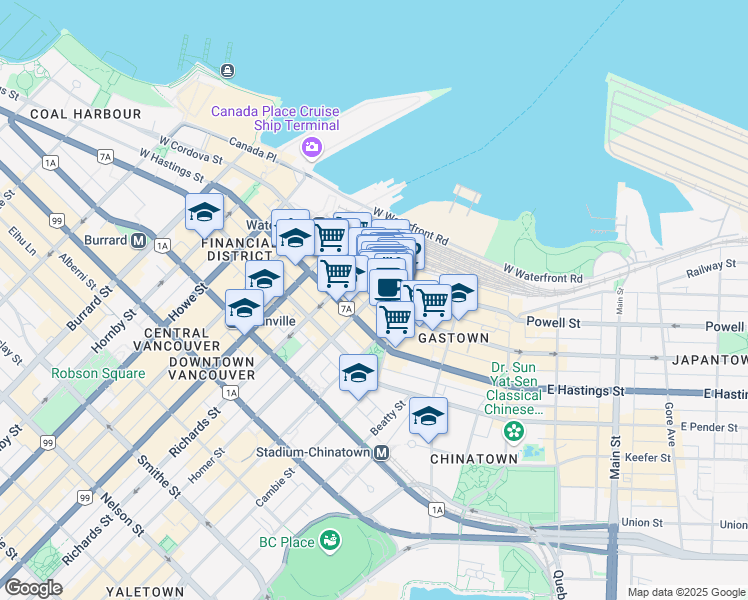 map of restaurants, bars, coffee shops, grocery stores, and more near 803-318 Homer Street in Vancouver