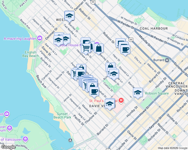 map of restaurants, bars, coffee shops, grocery stores, and more near 1272 Comox Street in Vancouver