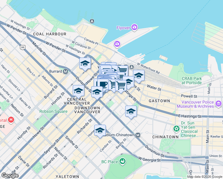 map of restaurants, bars, coffee shops, grocery stores, and more near 525 Seymour Street in Vancouver