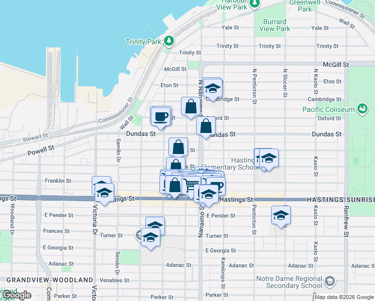 map of restaurants, bars, coffee shops, grocery stores, and more near 120 Garden Drive in Vancouver