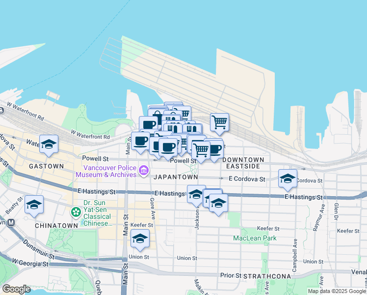 map of restaurants, bars, coffee shops, grocery stores, and more near 406 Alexander Street in Vancouver