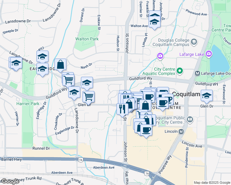 map of restaurants, bars, coffee shops, grocery stores, and more near 2865 Glen Drive in Coquitlam