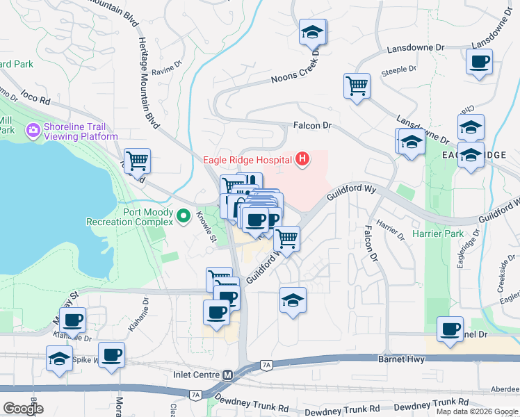 map of restaurants, bars, coffee shops, grocery stores, and more near 285 Newport Drive in Port Moody