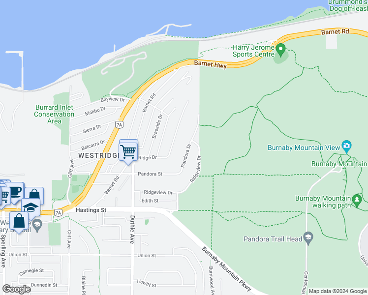 map of restaurants, bars, coffee shops, grocery stores, and more near 7451 Pandora Drive in Burnaby