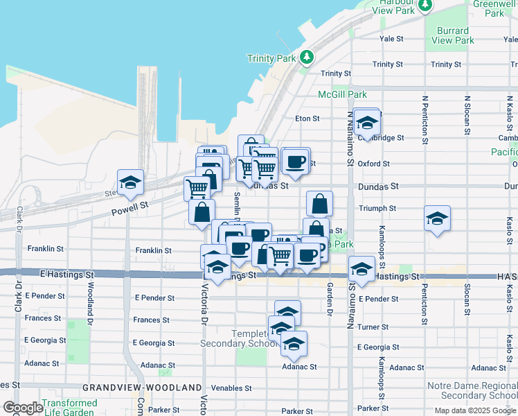 map of restaurants, bars, coffee shops, grocery stores, and more near 2055 Triumph Street in Vancouver