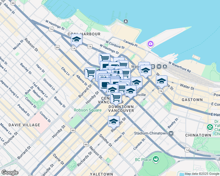map of restaurants, bars, coffee shops, grocery stores, and more near 777 West Georgia Street in Vancouver