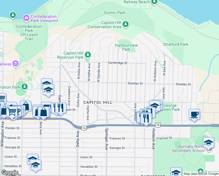 map of restaurants, bars, coffee shops, grocery stores, and more near 78 Springer Avenue in Burnaby