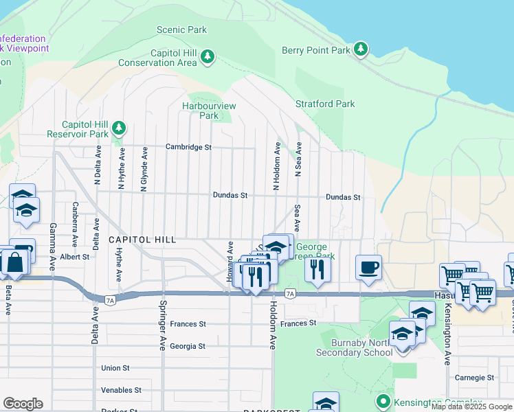 map of restaurants, bars, coffee shops, grocery stores, and more near 30 Ellesmere Avenue in Burnaby