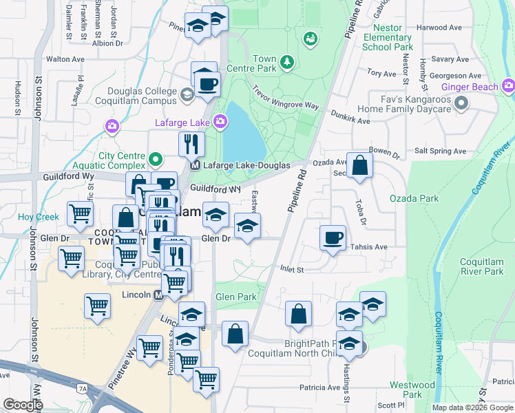 map of restaurants, bars, coffee shops, grocery stores, and more near in Coquitlam