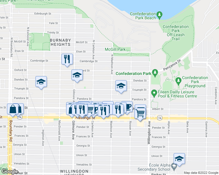 map of restaurants, bars, coffee shops, grocery stores, and more near 4267 Triumph Street in Burnaby