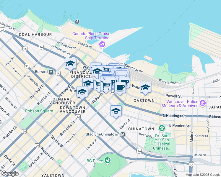 map of restaurants, bars, coffee shops, grocery stores, and more near 473 West Hastings Street in Vancouver