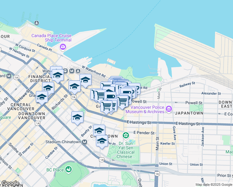 map of restaurants, bars, coffee shops, grocery stores, and more near 50 Water Street in Vancouver