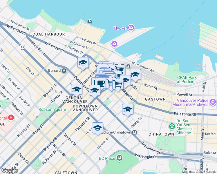 map of restaurants, bars, coffee shops, grocery stores, and more near 438 Seymour Street in Vancouver