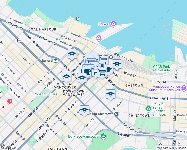 map of restaurants, bars, coffee shops, grocery stores, and more near 438 Seymour Street in Vancouver
