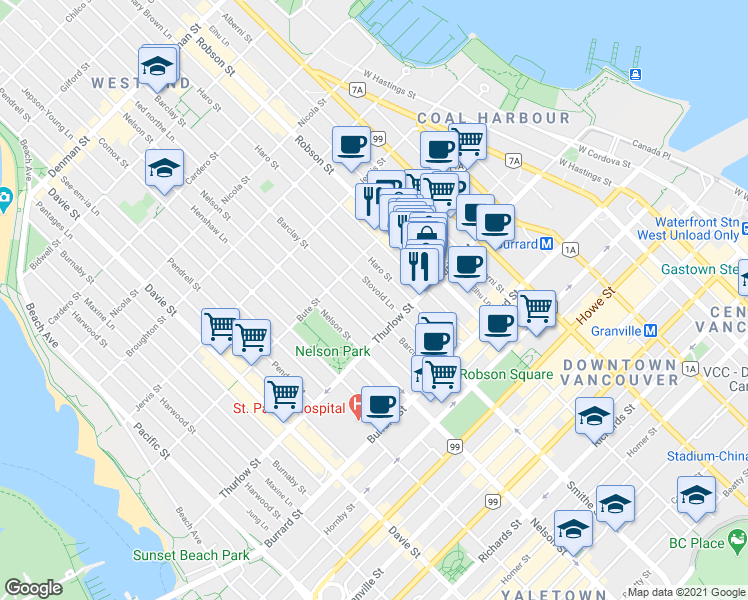 map of restaurants, bars, coffee shops, grocery stores, and more near in Vancouver