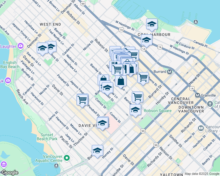 map of restaurants, bars, coffee shops, grocery stores, and more near in Vancouver