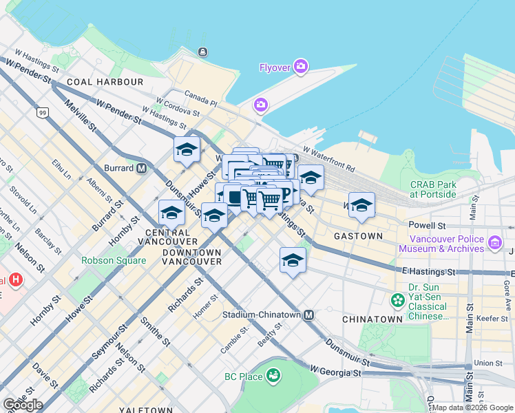 map of restaurants, bars, coffee shops, grocery stores, and more near 515 West Pender Street in Vancouver