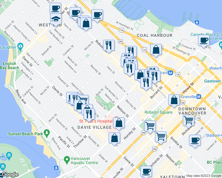 map of restaurants, bars, coffee shops, grocery stores, and more near 1170 Barclay Street in Vancouver